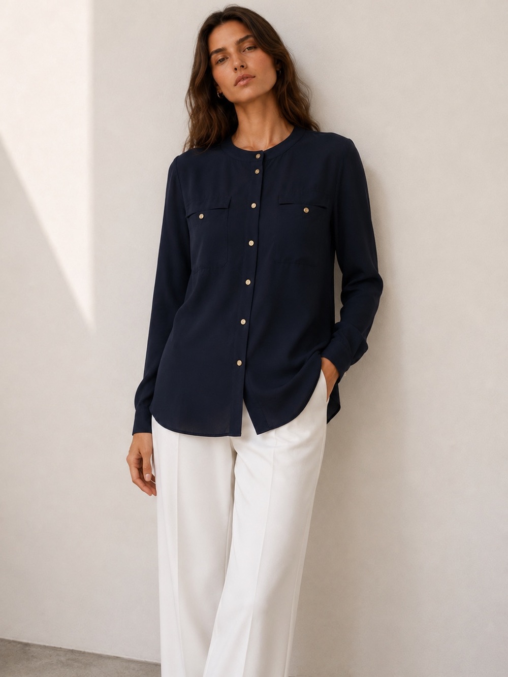 Military Navy button down chiffon shirt blouse S